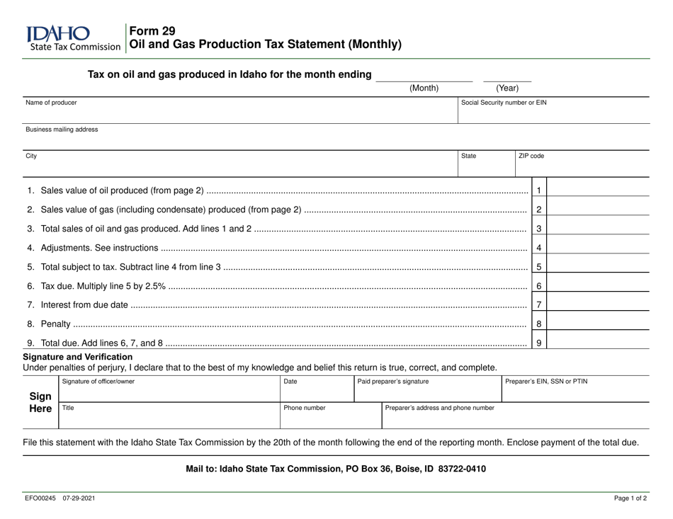 Form 29 (EFO00245) Oil and Gas Production Tax Statement (Monthly) - Idaho, Page 1