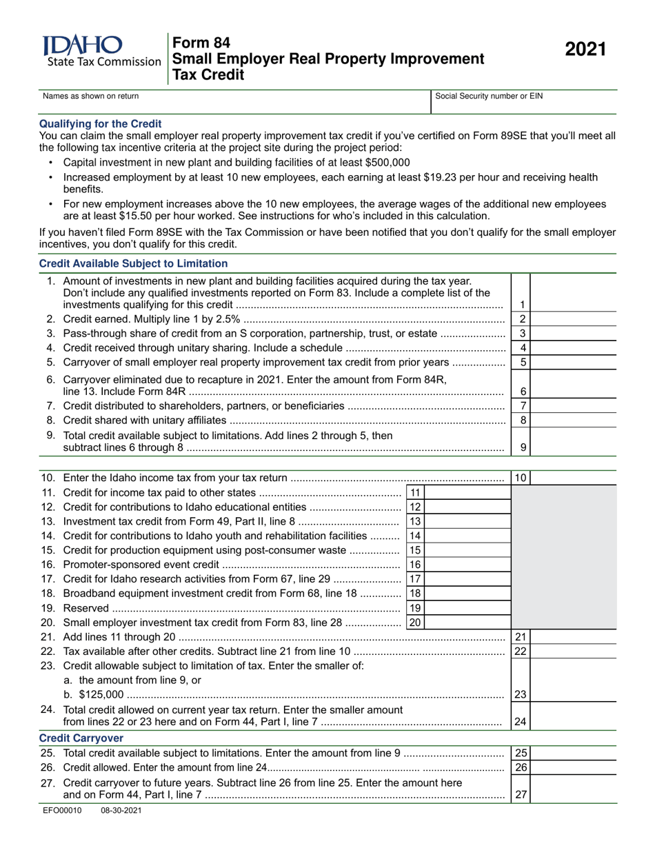 Form 84 (EFO00010) Small Employer Real Property Improvement Tax Credit - Idaho, Page 1