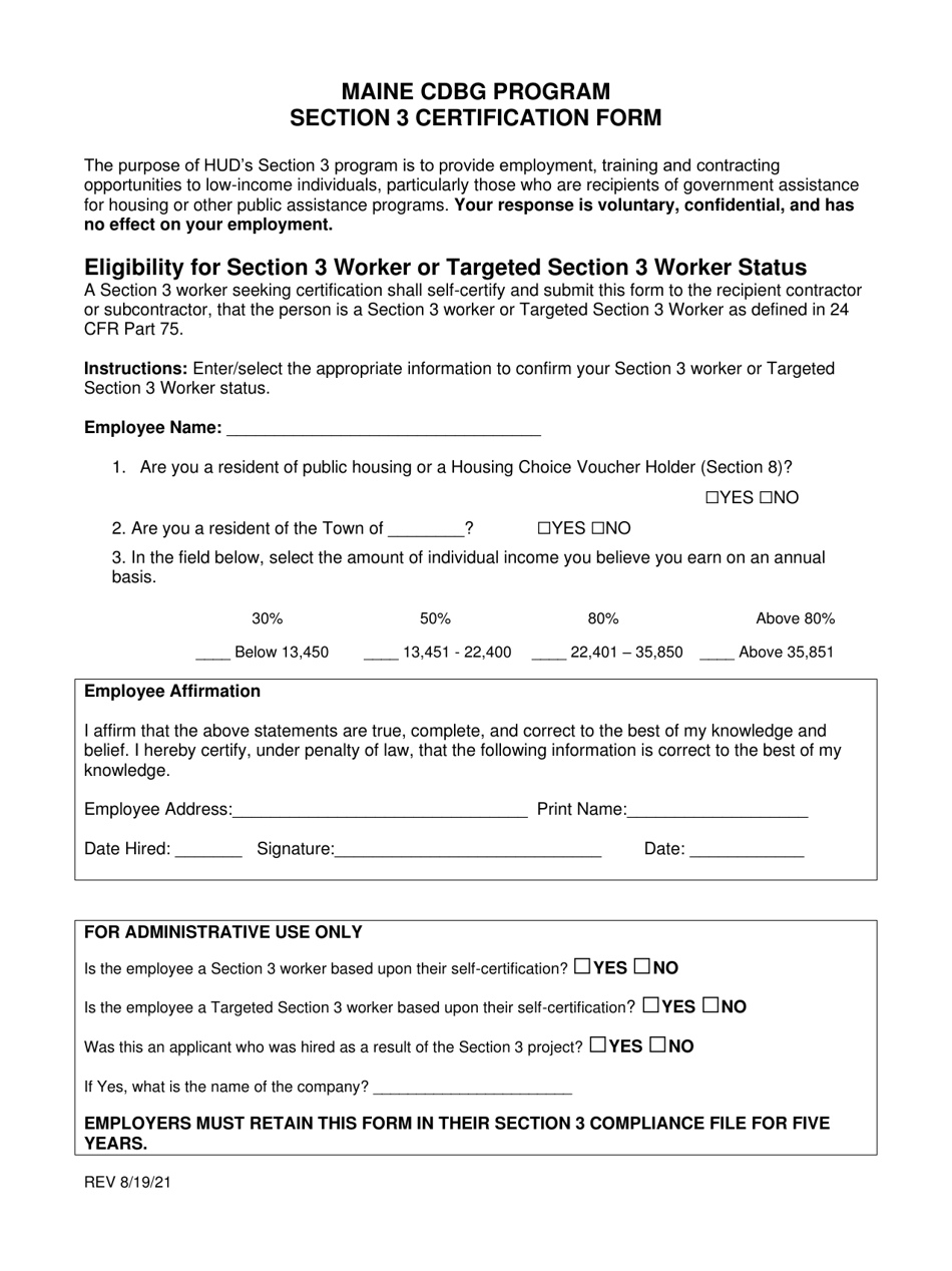 Section 3 Certification Form - Maine Cdbg Program - Maine, Page 1