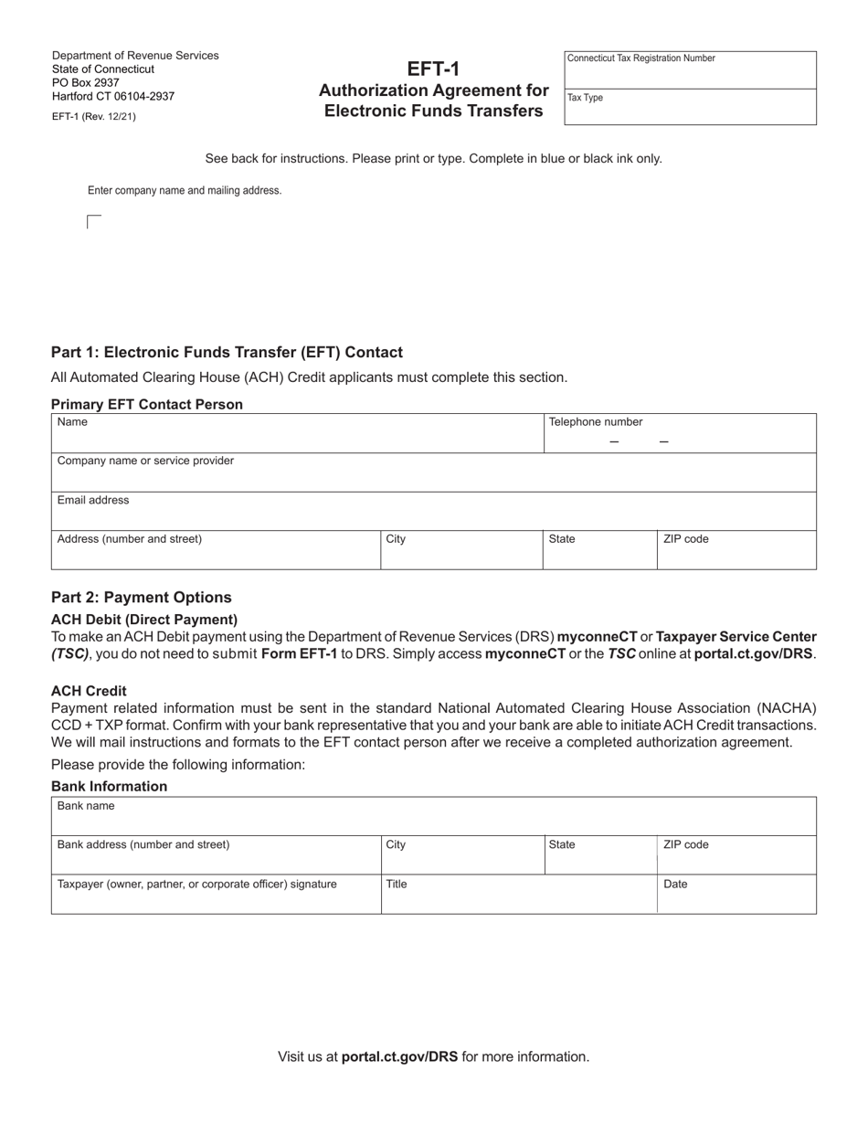 Form EFT-1 Authorization Agreement for Electronic Funds Transfers - Connecticut, Page 1