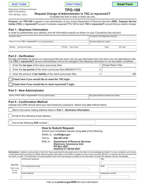 Form TPG-189 Request Change of Administrator in Tsc or Myconnect - Connecticut