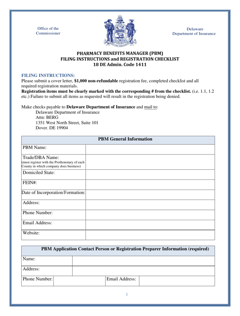 Pharmacy Benefits Manager Checklist / Registration Application - Delaware Download Pdf