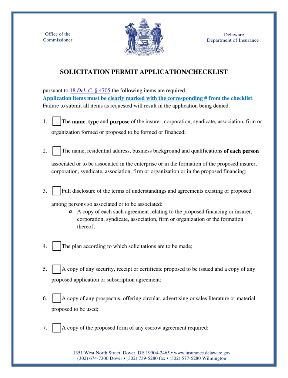 Solicitation Permit Application / Checklist - Delaware, Page 1