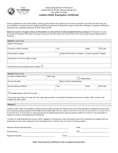 Form ST-109NP&G (State Form 56648) Indiana Utility Exemption Certificate - Indiana