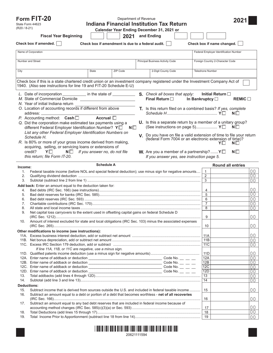 Form FIT-20 (State Form 44623) Indiana Financial Institution Tax Return - Indiana, Page 1