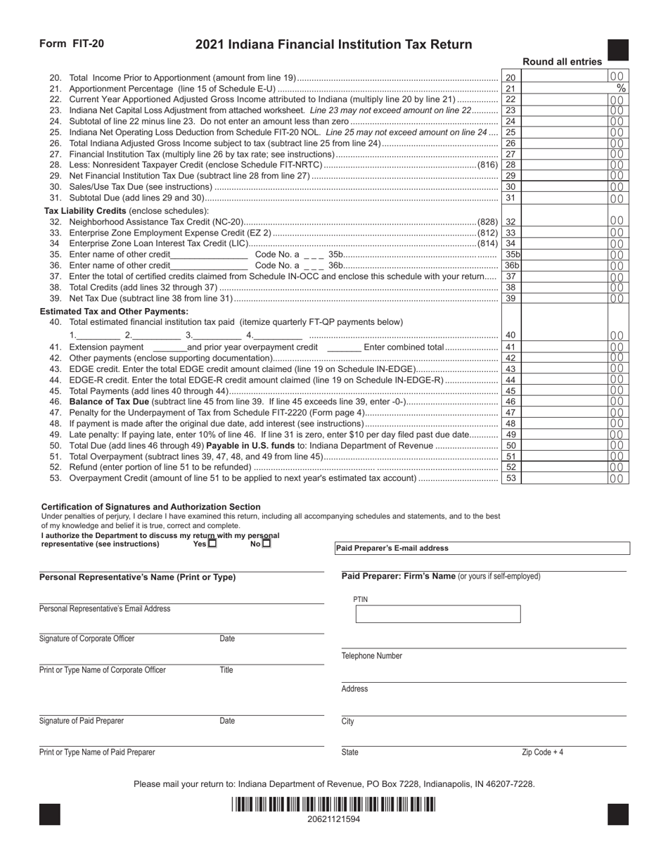 Form FIT-20 (State Form 44623) Indiana Financial Institution Tax Return - Indiana, Page 2