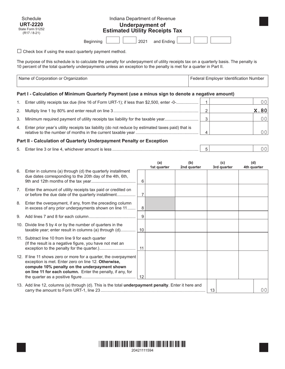 State Form 51252 Schedule URT-2220 Underpayment of Estimated Utility Receipts Tax - Indiana, Page 1