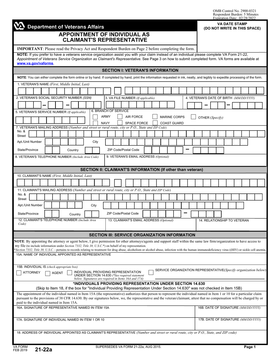 VA Form 21-22A Appointment of Individual as Claimant's Representative, Page 1