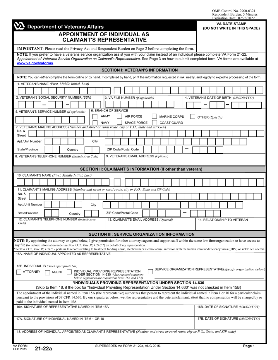 VA Form 21-22A Download Fillable PDF or Fill Online Appointment of ...