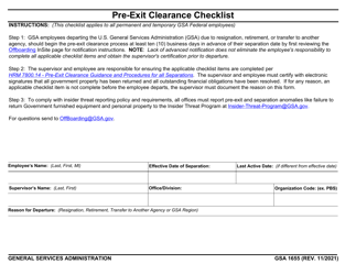 Document preview: GSA Form 1655 Pre-exit Clearance Checklist
