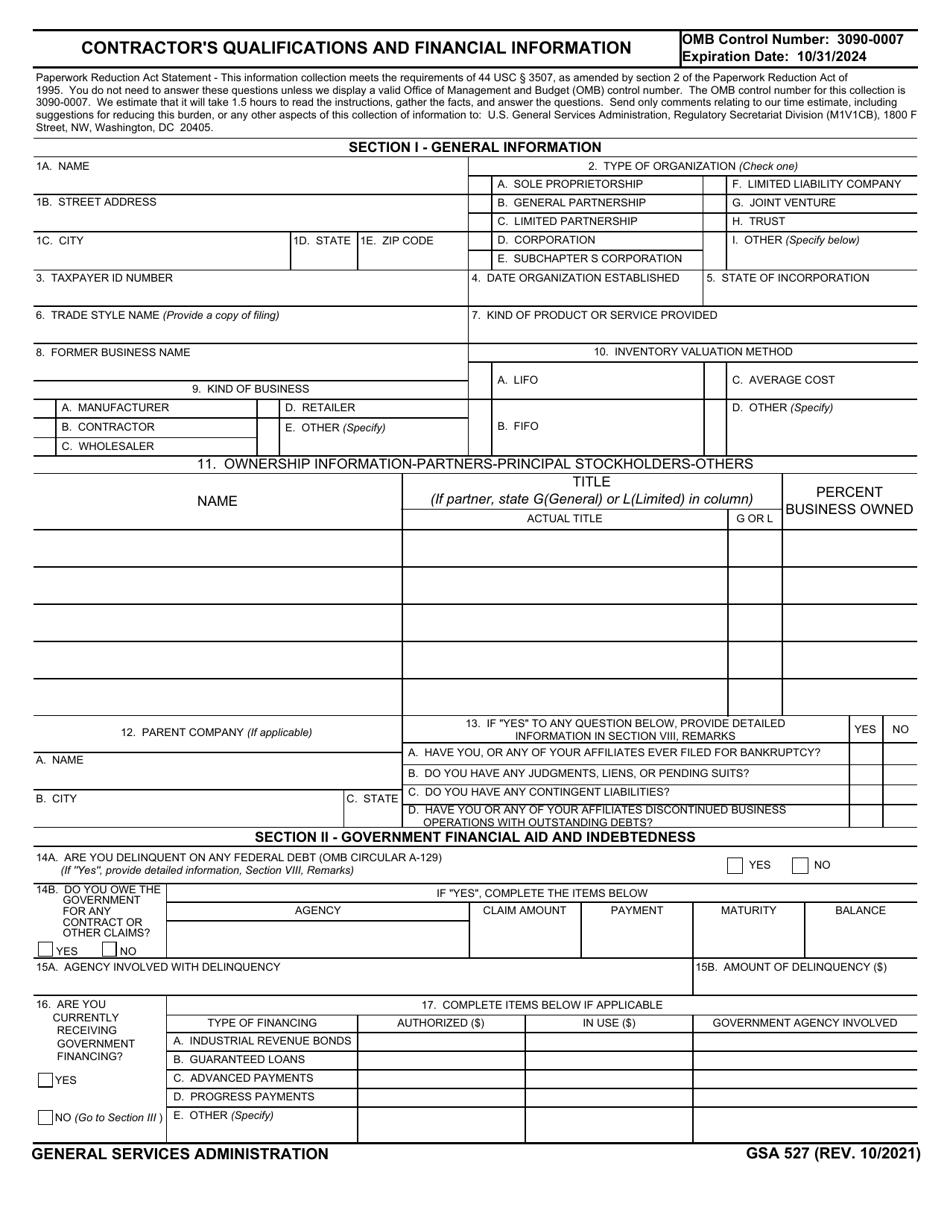 GSA Form 527 Contractors Qualifications and Financial Information, Page 1