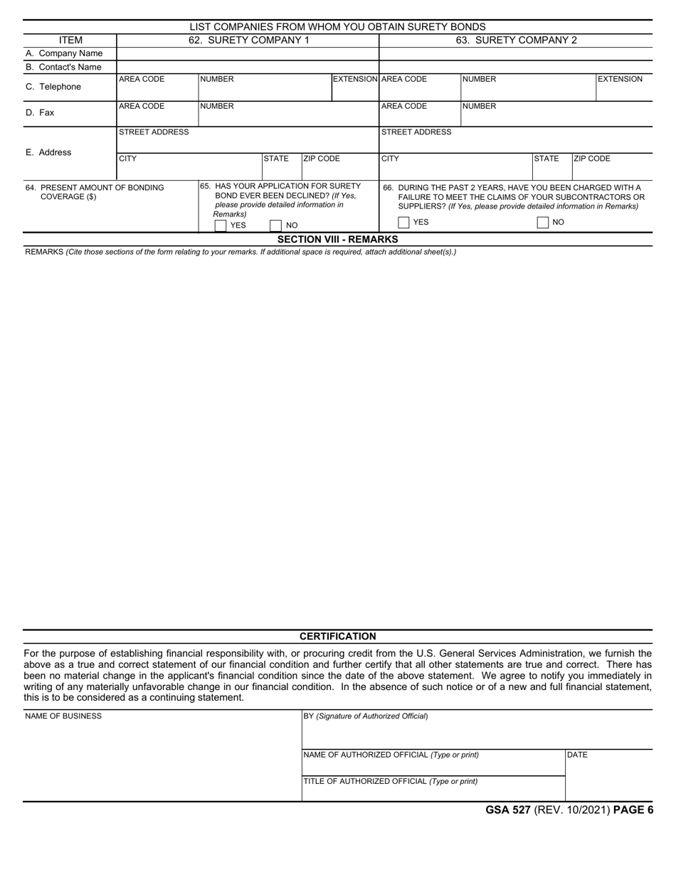 GSA Form 527 Contractors Qualifications and Financial Information, Page 6