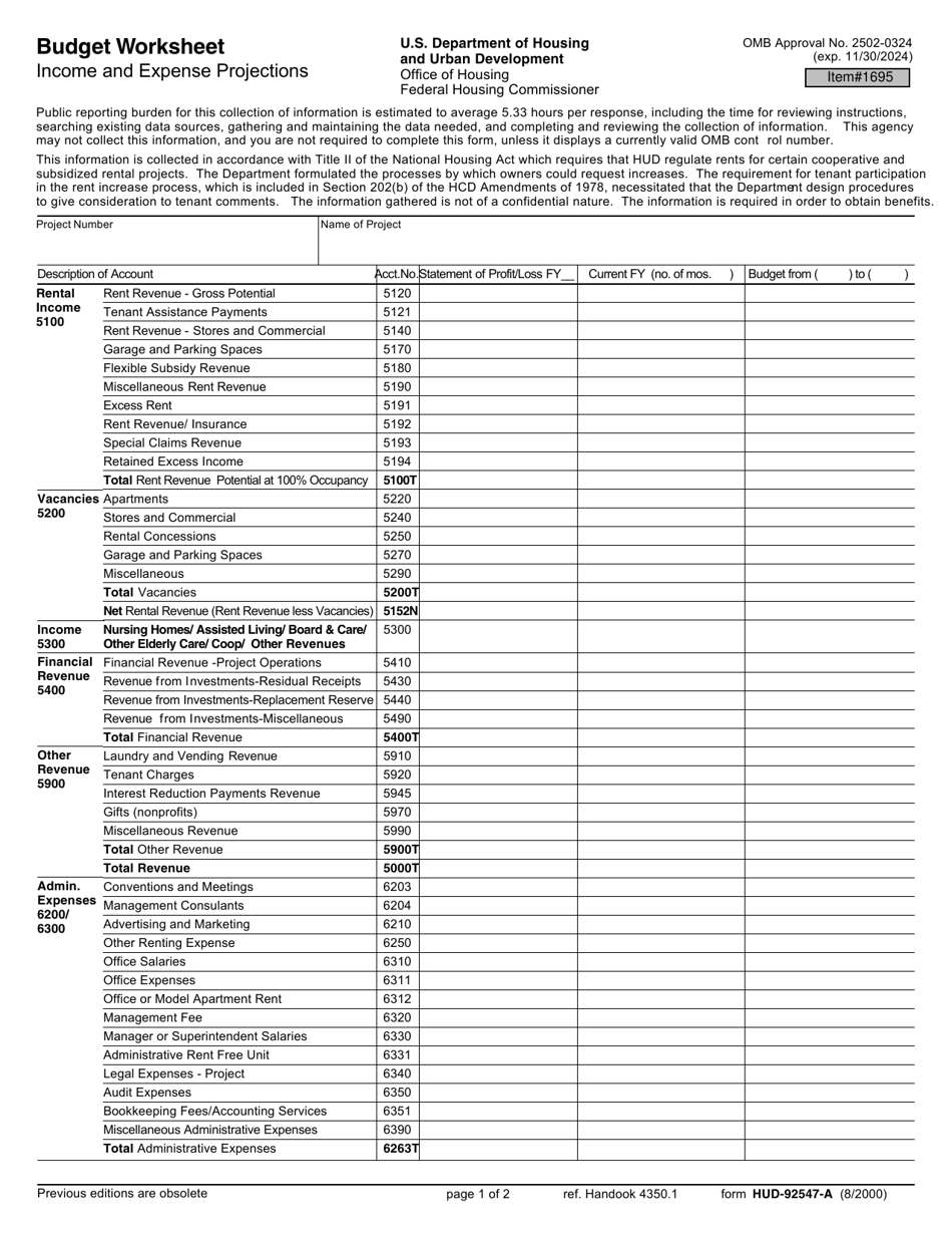 Form HUD-92547-A Budget Worksheet - Income and Expense Projections, Page 1
