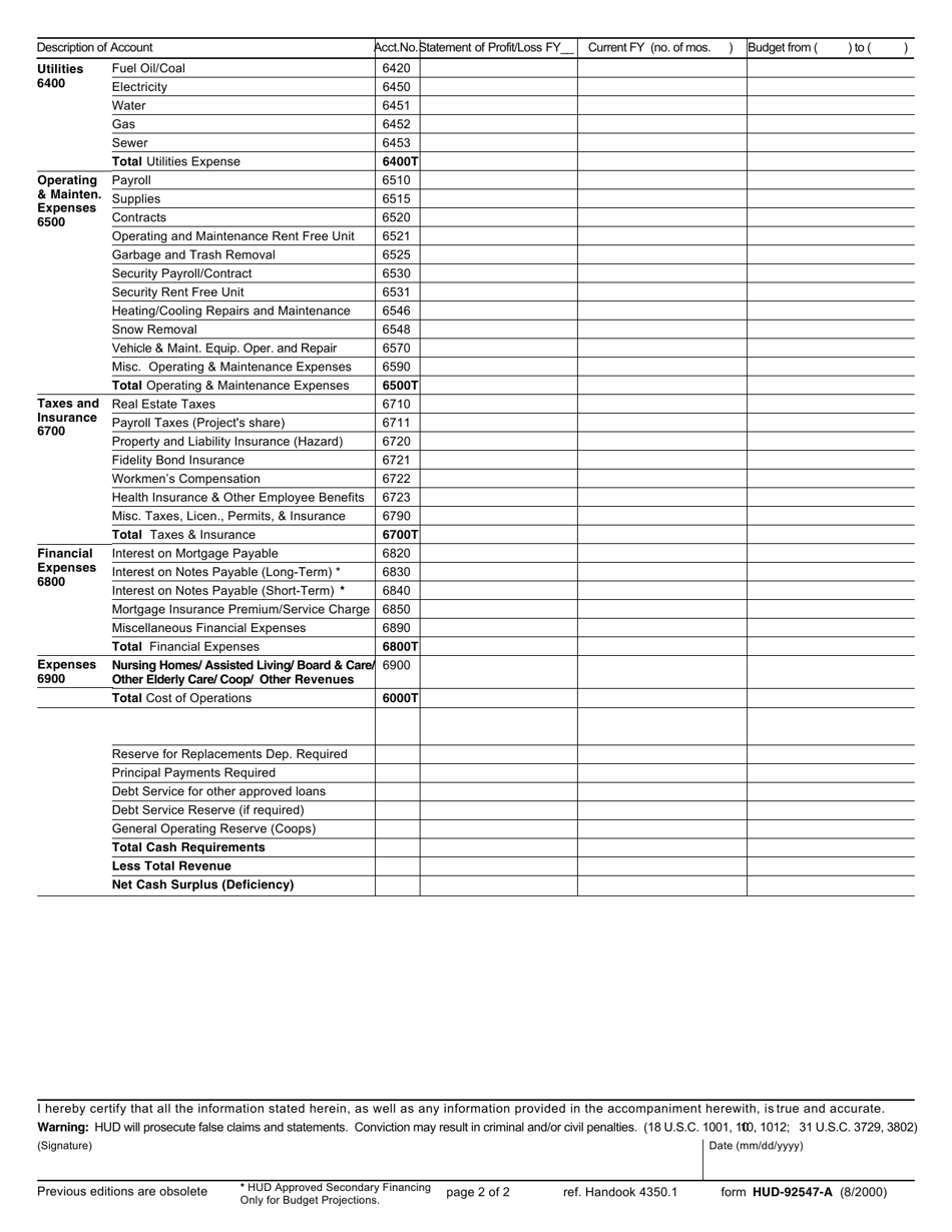 Form HUD-92547-A Budget Worksheet - Income and Expense Projections, Page 2