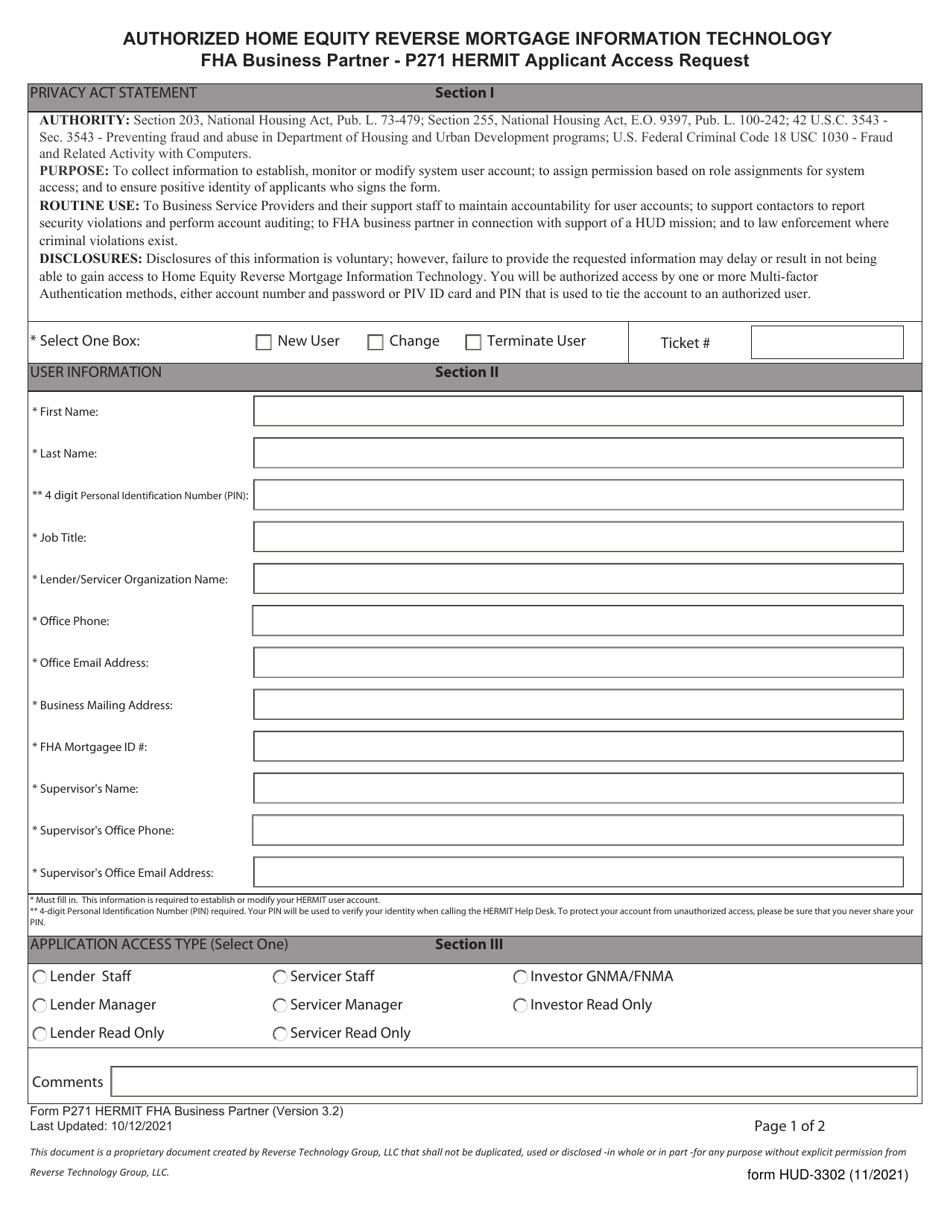 Form HUD-3302 Authorized Home Equity Reverse Mortgage Information Technology Fha Business Partner - P271 Hermit Applicant Access Request, Page 1