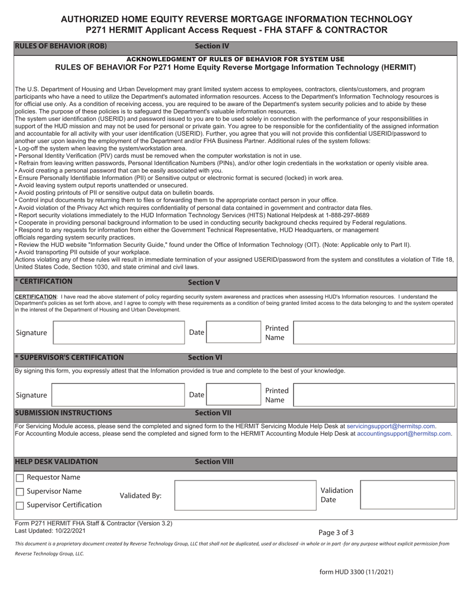 Form HUD-3300 Uthorized Home Equity Reverse Mortgage Information Technology P271 Hermit Applicant Access Request - Fha Staff  Contractor, Page 3