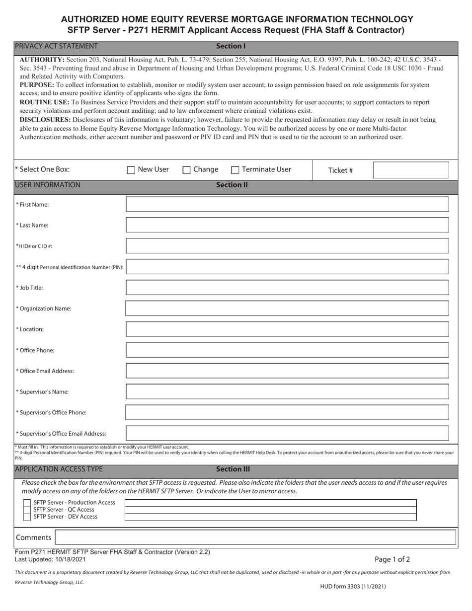 Form HUD-3303 Authorized Home Equity Reverse Mortgage Information Technology Sftp Server - P271 Hermit Applicant Access Request (Fha Staff  Contractor), Page 1