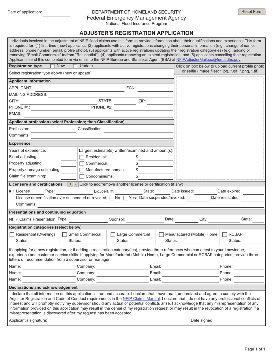 Adjusters Registration Application, Page 1