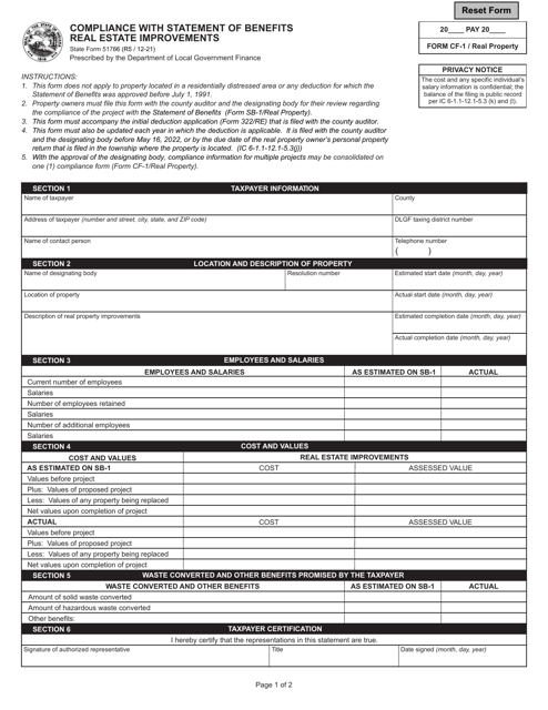 Form CF-1/REAL PROPERTY (State Form 51766)  Printable Pdf