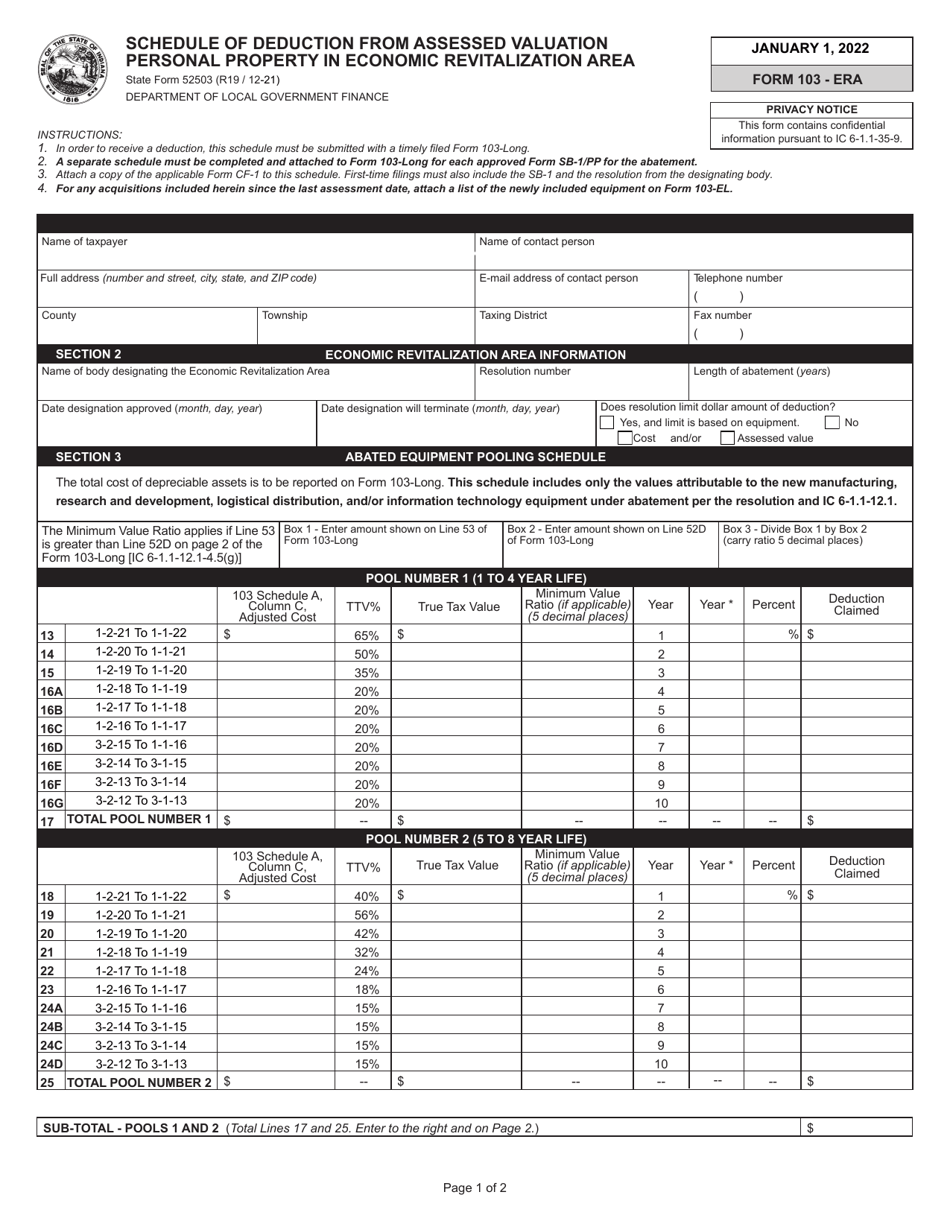 Form 103-ERA (State Form 52503) Schedule of Deduction From Assessed Valuation Personal Property in Economic Revitalization Area - Indiana, Page 1