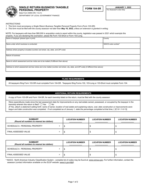 Form 104-SR (State Form 53855) Single Return Business Tangible Personal Property - Indiana