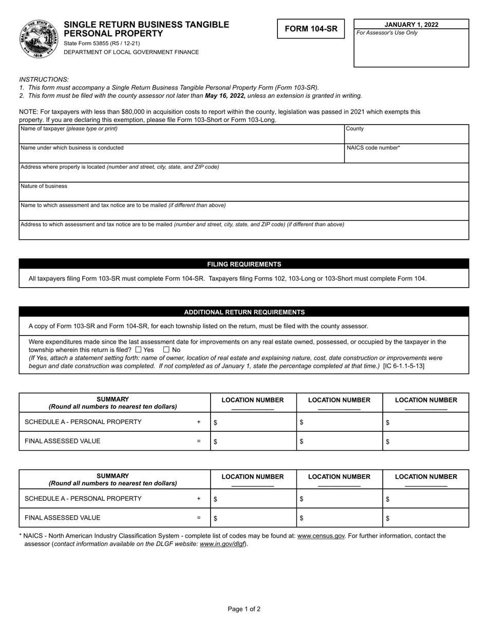 Form 104-SR (State Form 53855) Single Return Business Tangible Personal Property - Indiana, Page 1
