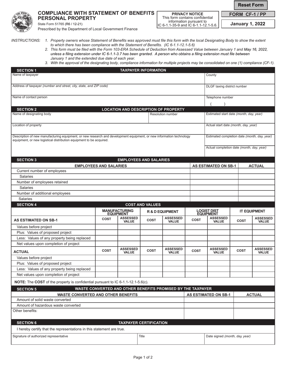 Form CF-1 / PP (State Form 51765) Compliance With Statement of Benefits Personal Property - Indiana, Page 1
