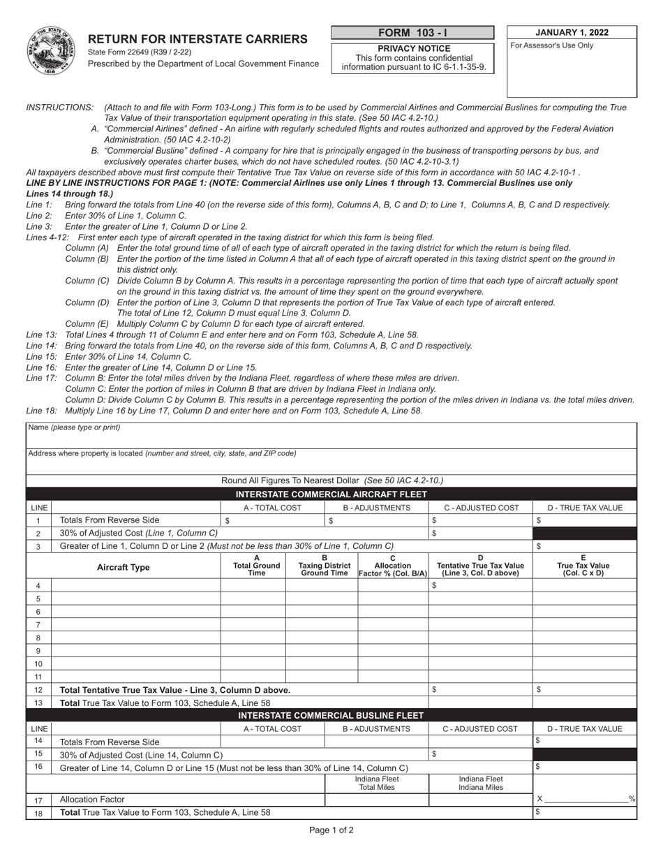Form 103-I (State Form 22649) Return for Interstate Carriers - Indiana, Page 1