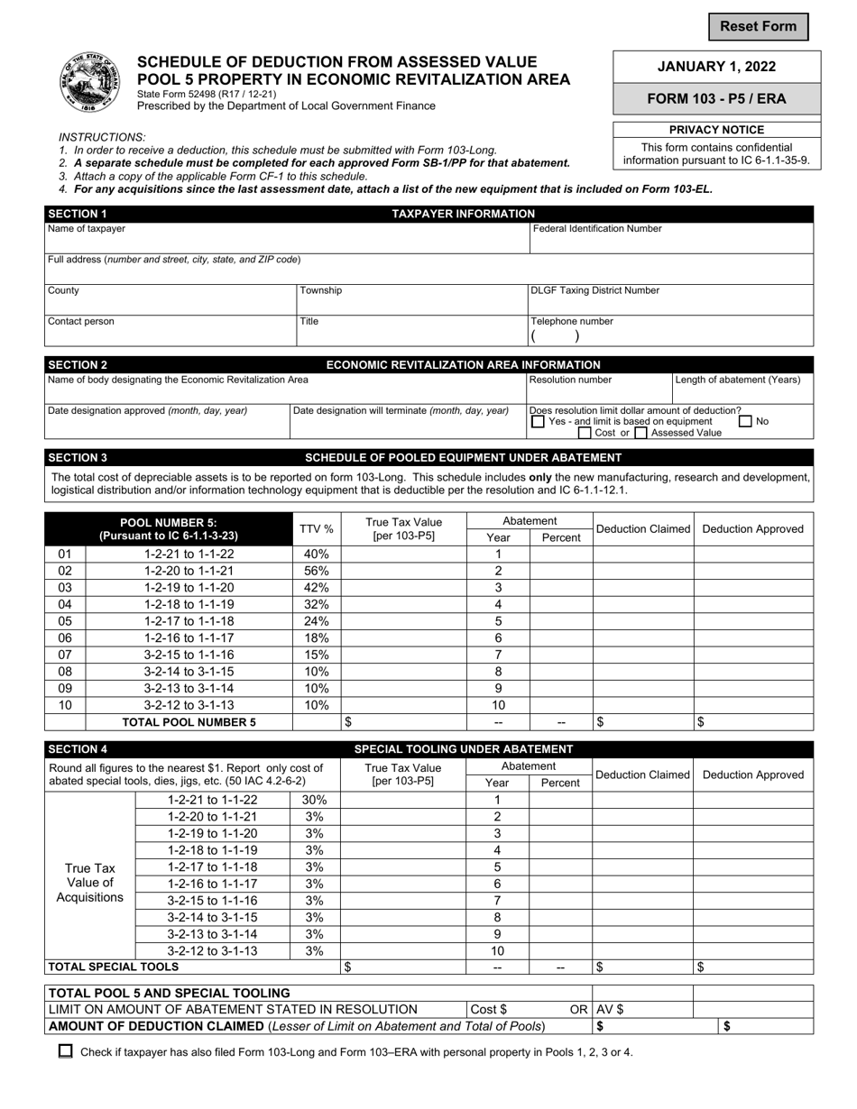 Form 103-P5 / ERA (State Form 52498) Schedule of Deduction From Assessed Value Pool 5 Property in Economic Revitalization Area - Indiana, Page 1