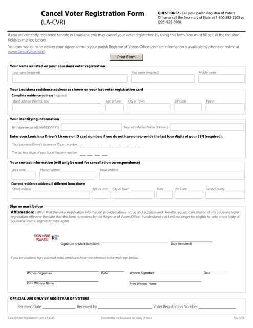 Form LA-CVR Cancel Voter Registration Form - Louisiana