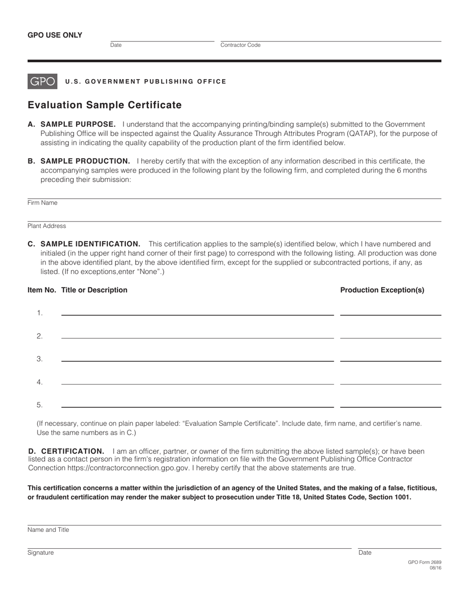 GPO Form 2689 Evaluation Sample Certificate, Page 1