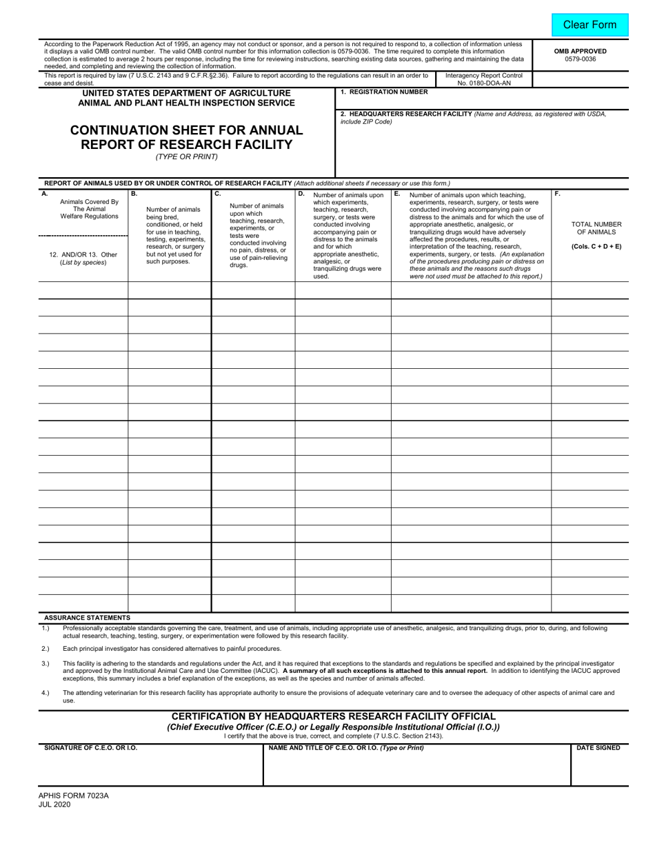 APHIS Form 7023A Continuation Sheet for Annual Report of Research Facility, Page 1