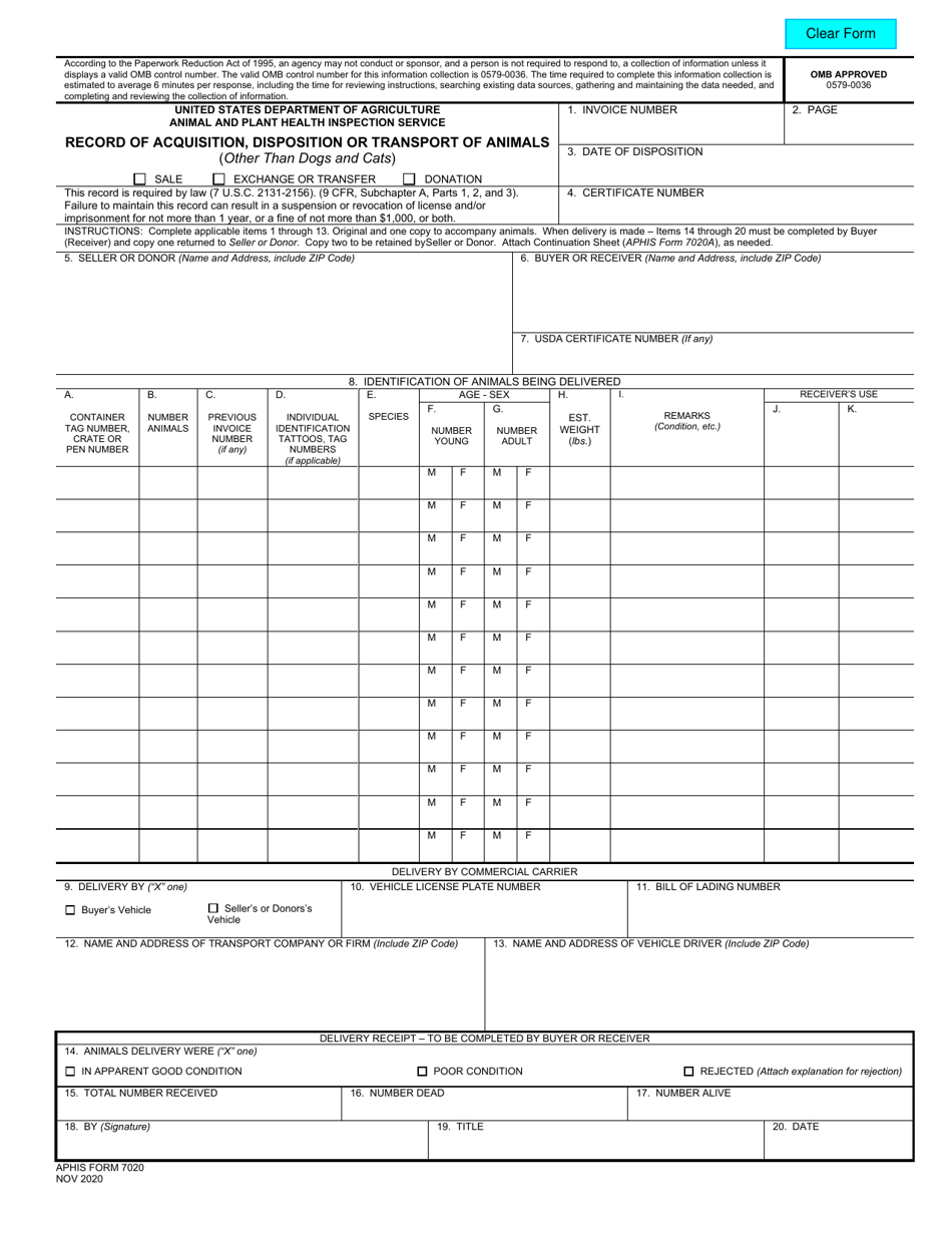 APHIS Form 7020 Record of Acquisition, Disposition or Transport of Animals, Page 1
