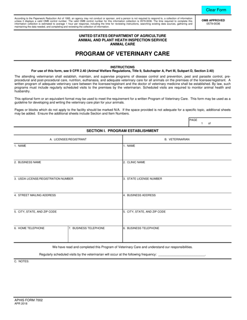 APHIS Form 7002  Printable Pdf