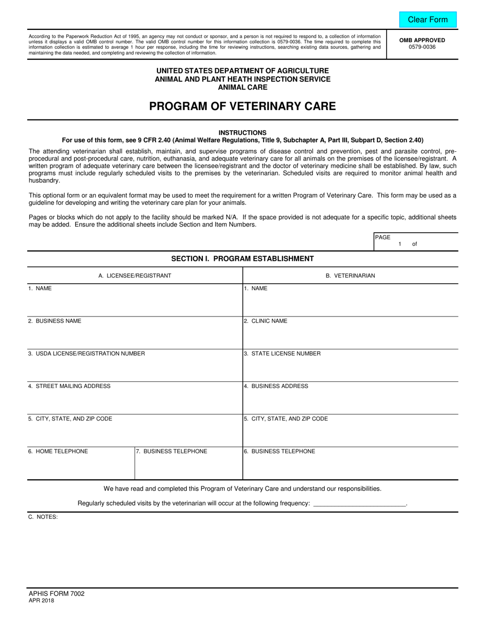 APHIS Form 7002 Program of Veterinary Care, Page 1