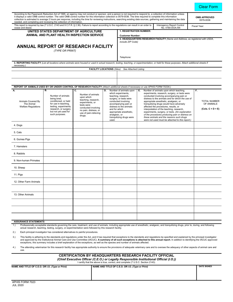 Aphis Form 7023 Download Fillable Pdf Or Fill Online Annual Report Of