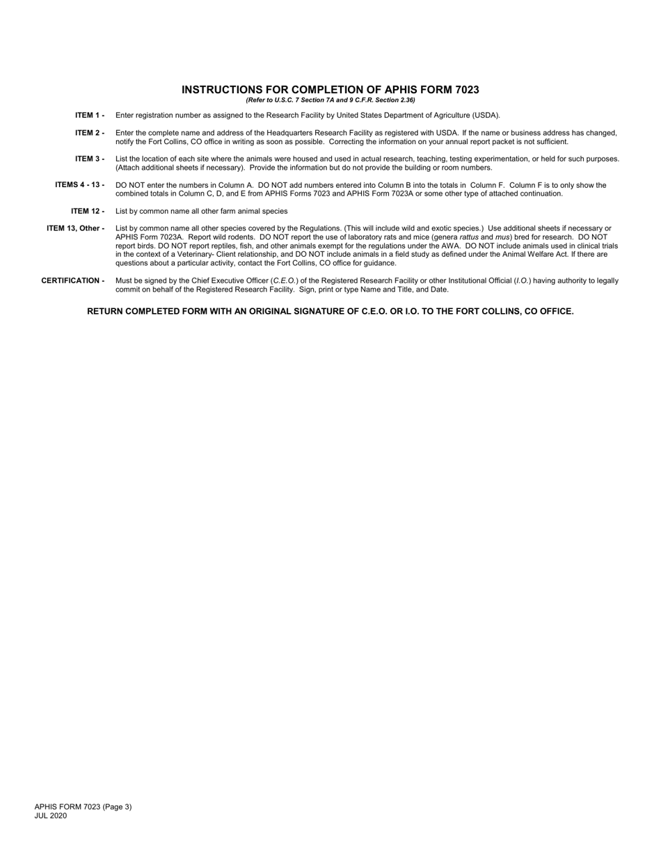 APHIS Form 7023 Annual Report of Research Facility, Page 3