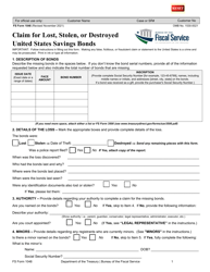 Document preview: FS Form 1048 Claim for Lost, Stolen, or Destroyed United States Savings Bonds