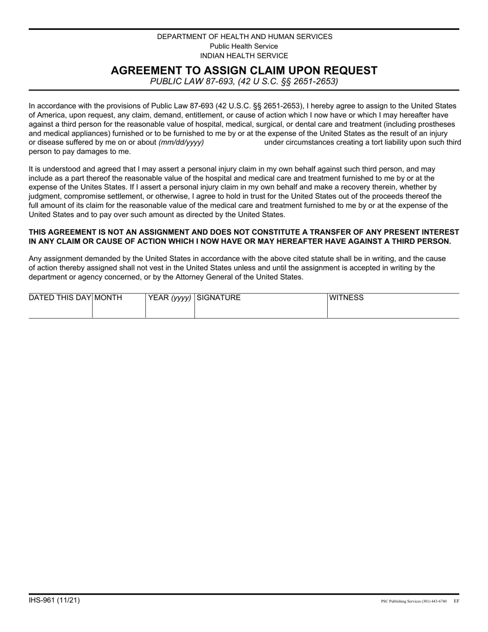 Form IHS-961 Agreement to Assign Claim Upon Request, Page 1