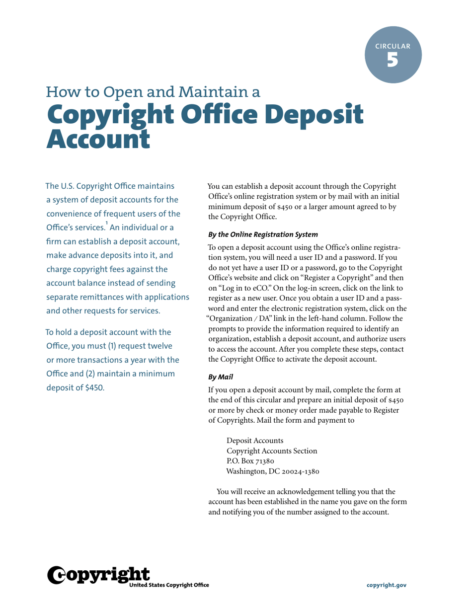 Copyright Office Deposit Account Form, Page 1
