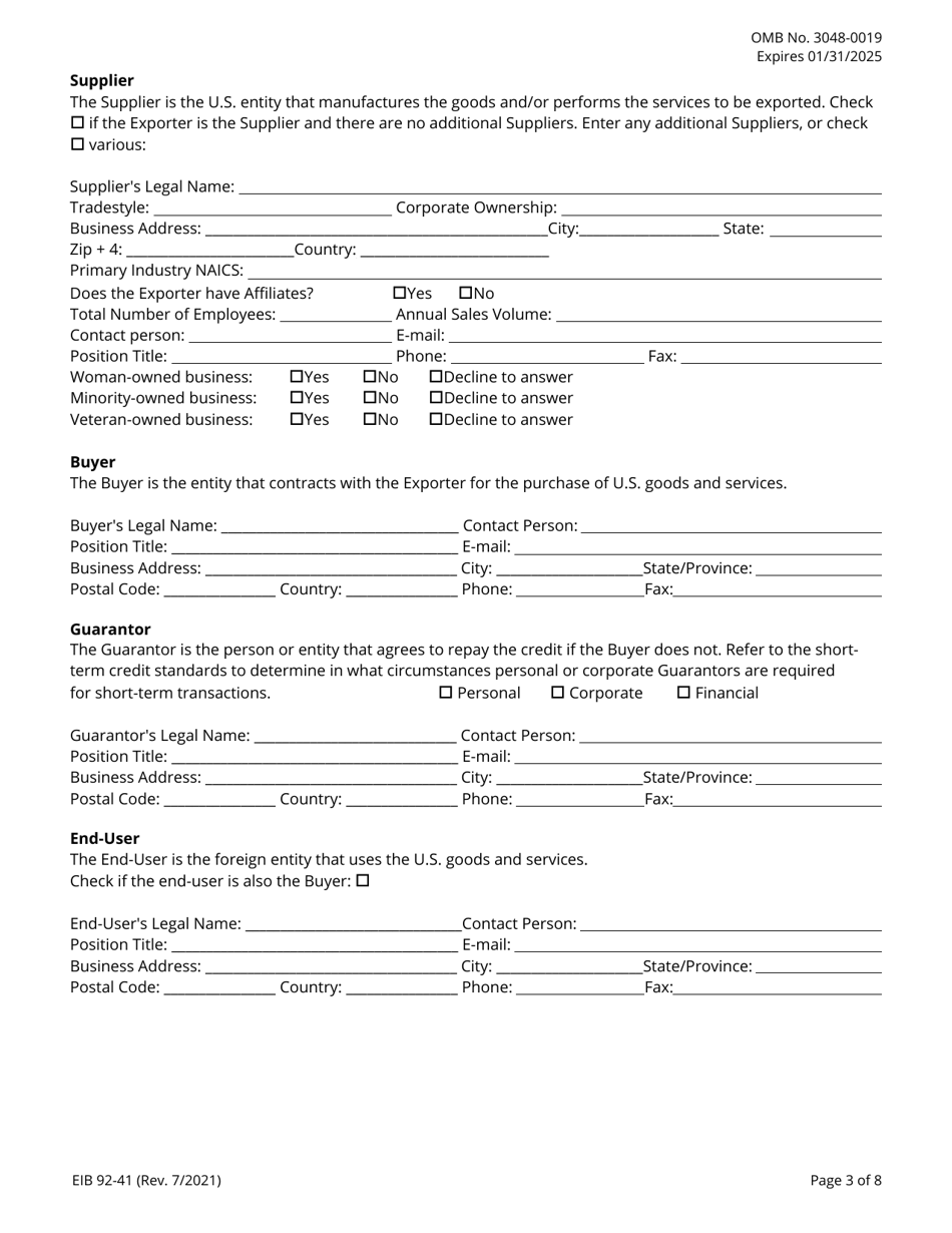 Form EIB92-41 Application for Financial Institution Short-Term, Single-Buyer Insurance, Page 3