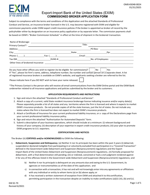 Form EIB92-79 Commissioned Broker Application Form