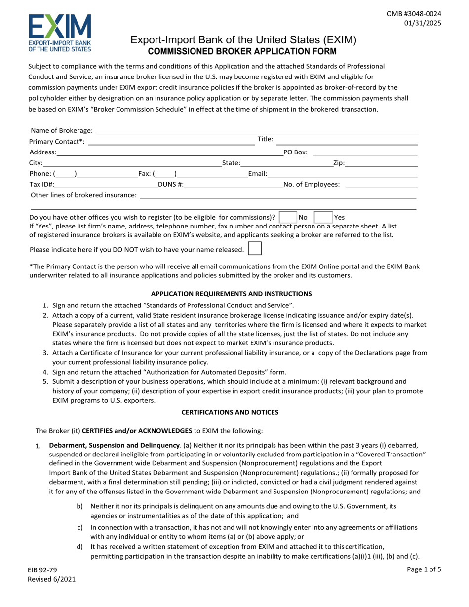 Form EIB92-79 Commissioned Broker Application Form, Page 1