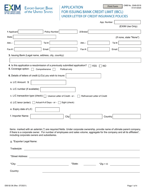 Form EIB92-36 Application for Issuing Bank Credit Limit (Ibcl) Under Letter of Credit Insurance Policies