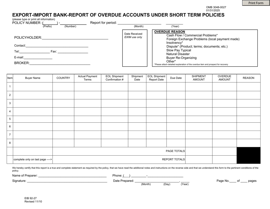 Form EIB92-27 Export-Import Bank-Report of Overdue Accounts Under Short Term Policies, Page 1