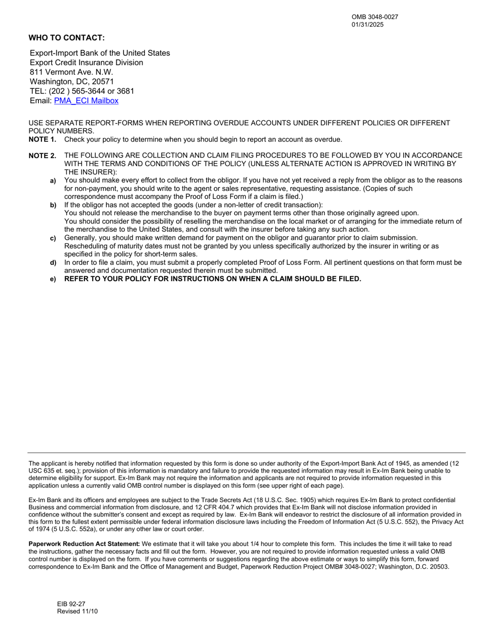 Form EIB92-27 Export-Import Bank-Report of Overdue Accounts Under Short Term Policies, Page 2