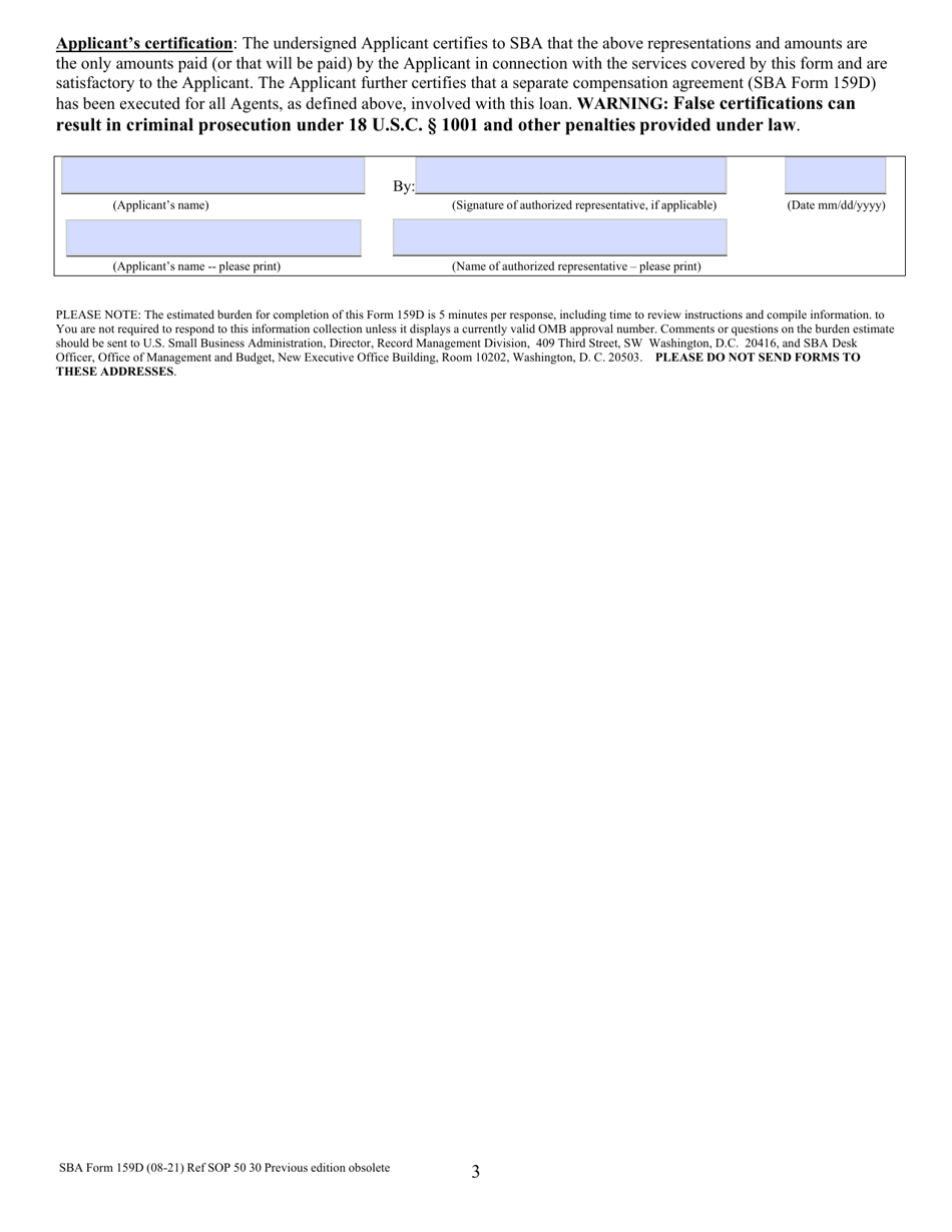 SBA Form 159D Fee Disclosure Form and Compensation Agreement for Agent Services in Connection With an SBA Disaster Assistance Loan, Page 3