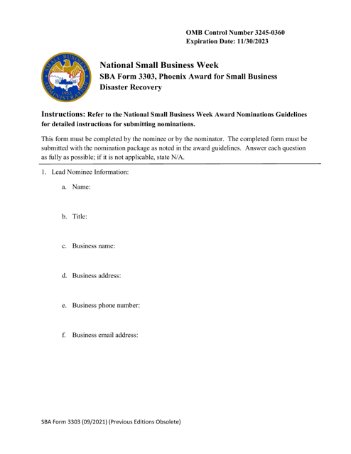 SBA Form 3303 Nomination Form for the Phoenix Awards for Small Business Disaster Recovery and Mitigation