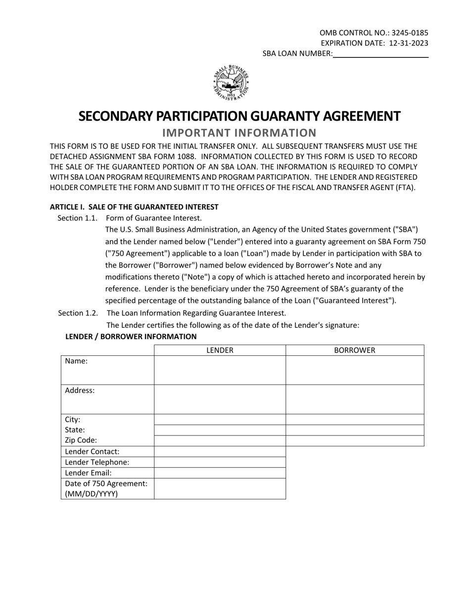 SBA Form 1086 Download Fillable PDF or Fill Online Secondary