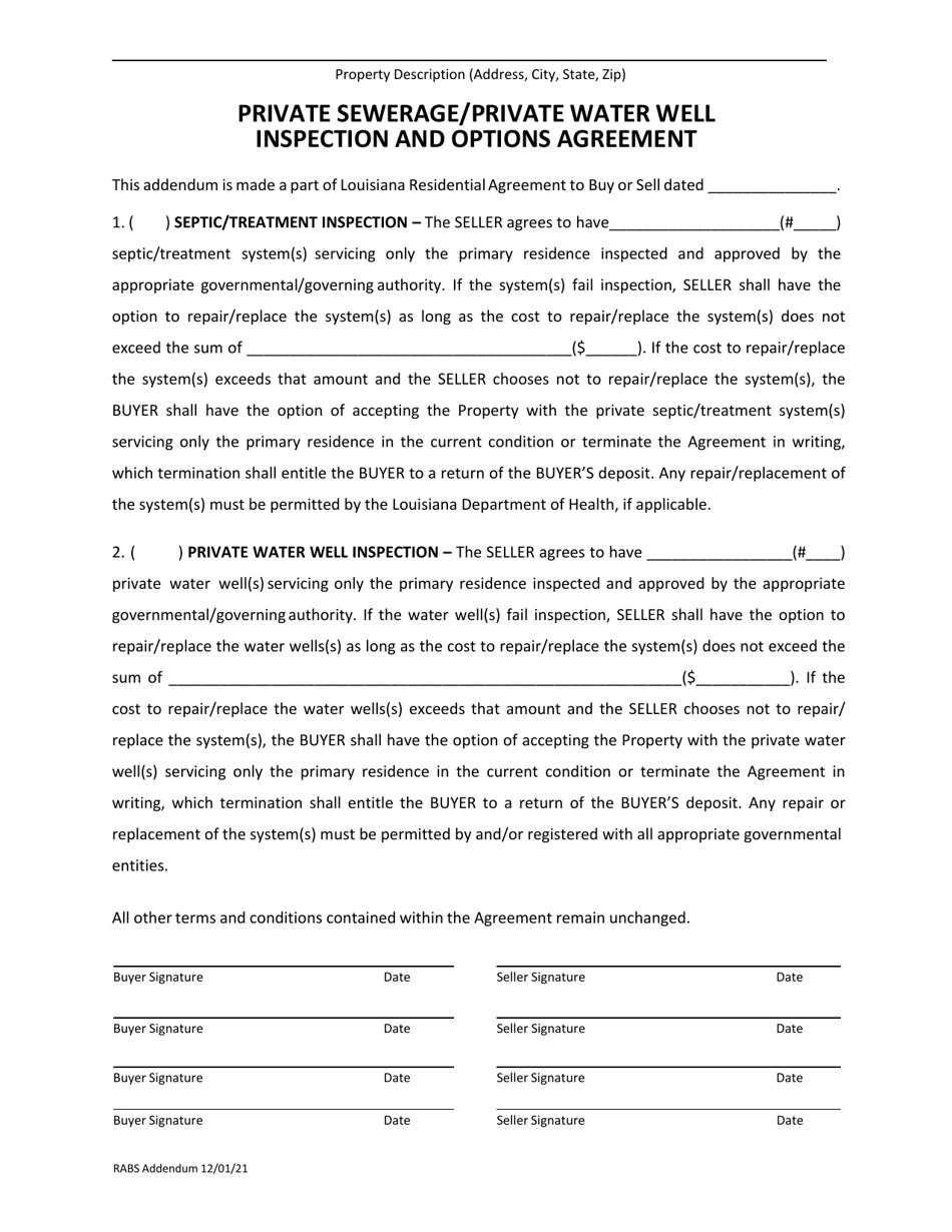 Private Sewerage / Private Water Well Inspection and Options Agreement - Louisiana, Page 1